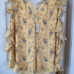 Yellow floral flutter sleeve blouse NWT